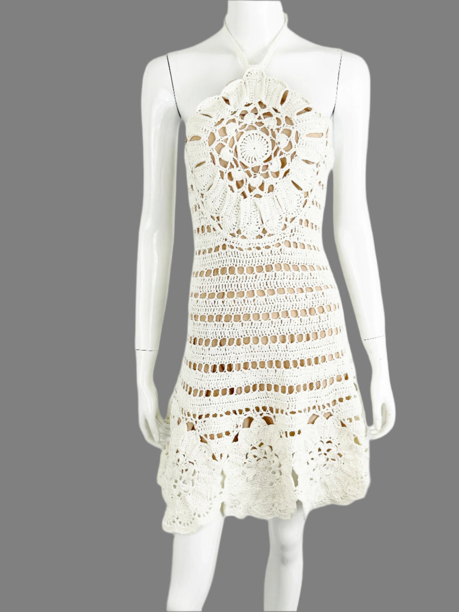 Oscar De La Renta Crochet Halter Mini Dress Size S KMK Luxury Consignment Oscar De La Renta Crochet Halter Mini Dress Size S KMK Luxury Consignment