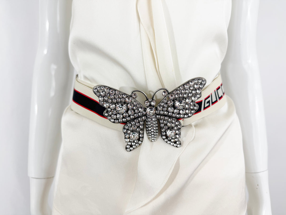 DOLCE & GABBANA Wide Gray Striped Belt Crystal Butterfly Brooch Made In Italy 44 Dolce&Gabbana Rhinestone/Diamante Belts for Women for sale  main image 3