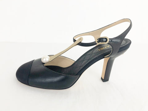 Chanel T-Strap With Pearl Accent Pumps Size 8.5