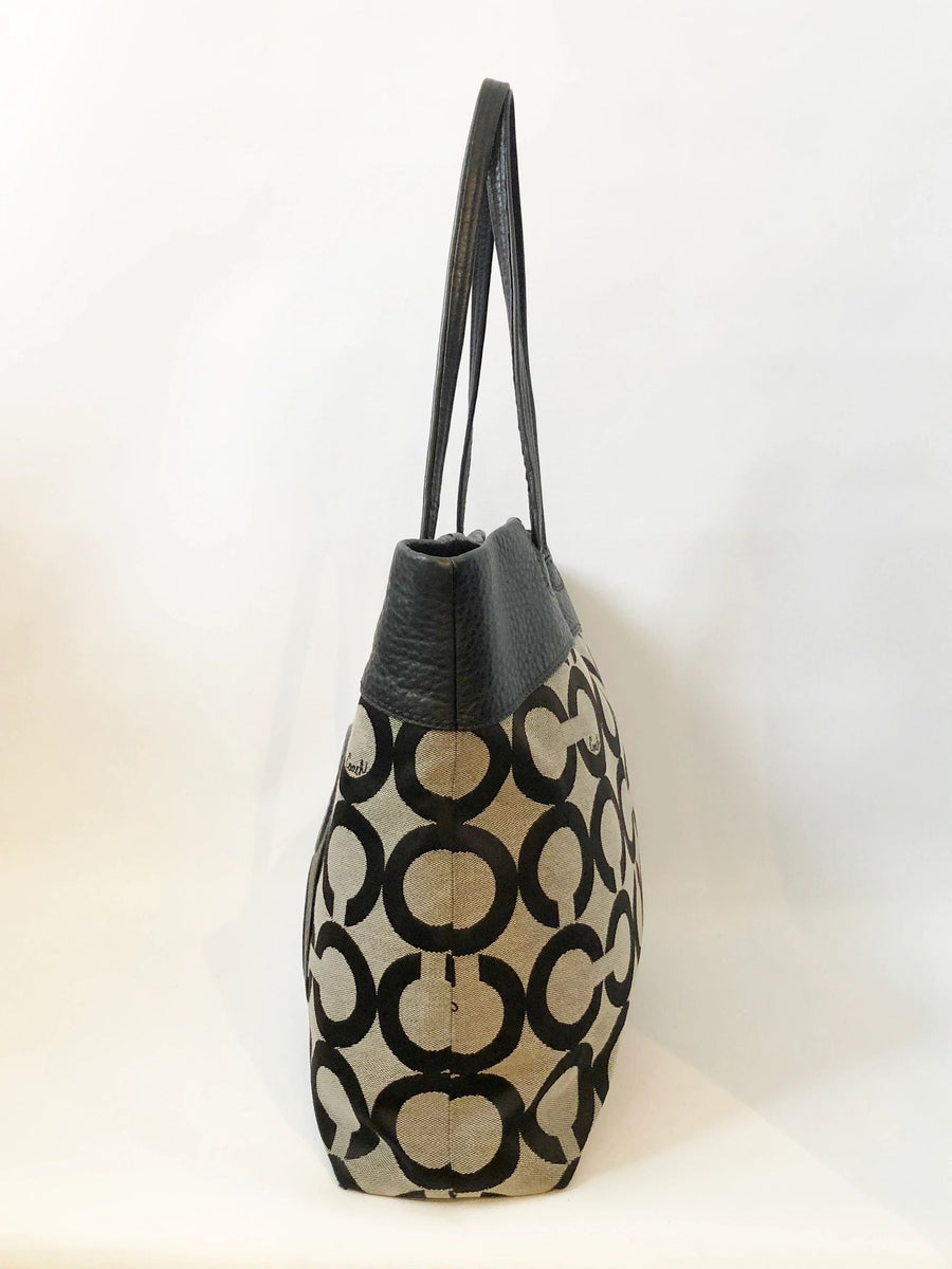 COACH Julia Op Art Signature Tote y2k Coach Black Canvas Leather