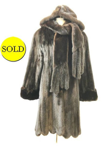 Black Mink Coat With Detachable Hood & Scarf Size 6