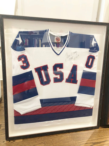 Framed & Signed Jim Craig 1980 Olympic Gold Medal Hockey Goalie Jersey