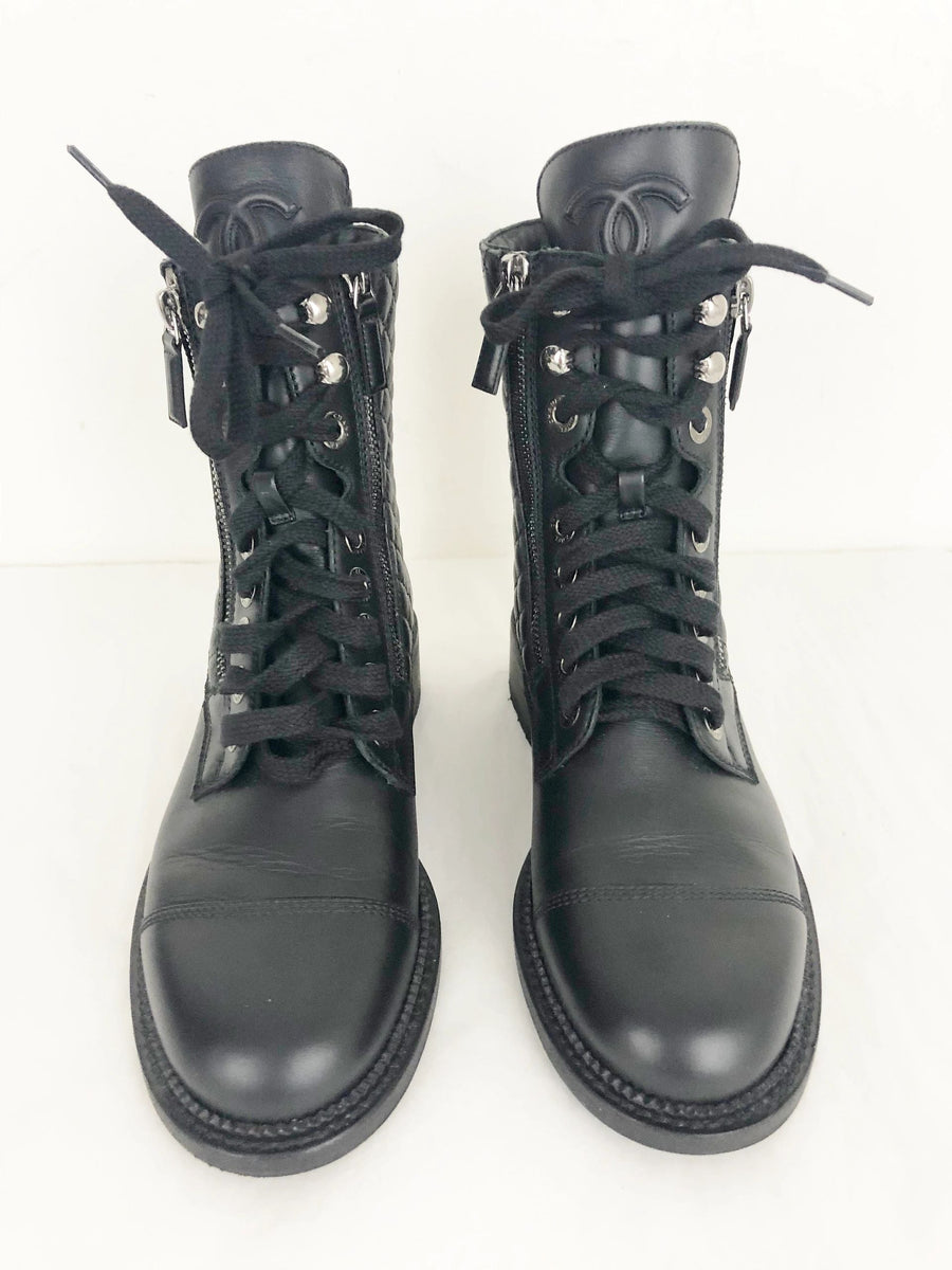 NEW Chanel Quilted Cc Logo Combat Boots Size 37 It (7 Us) – KMK