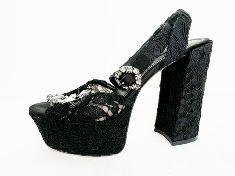 Dolce & Gabbana Crystal Embellished Lace Platform Size 7