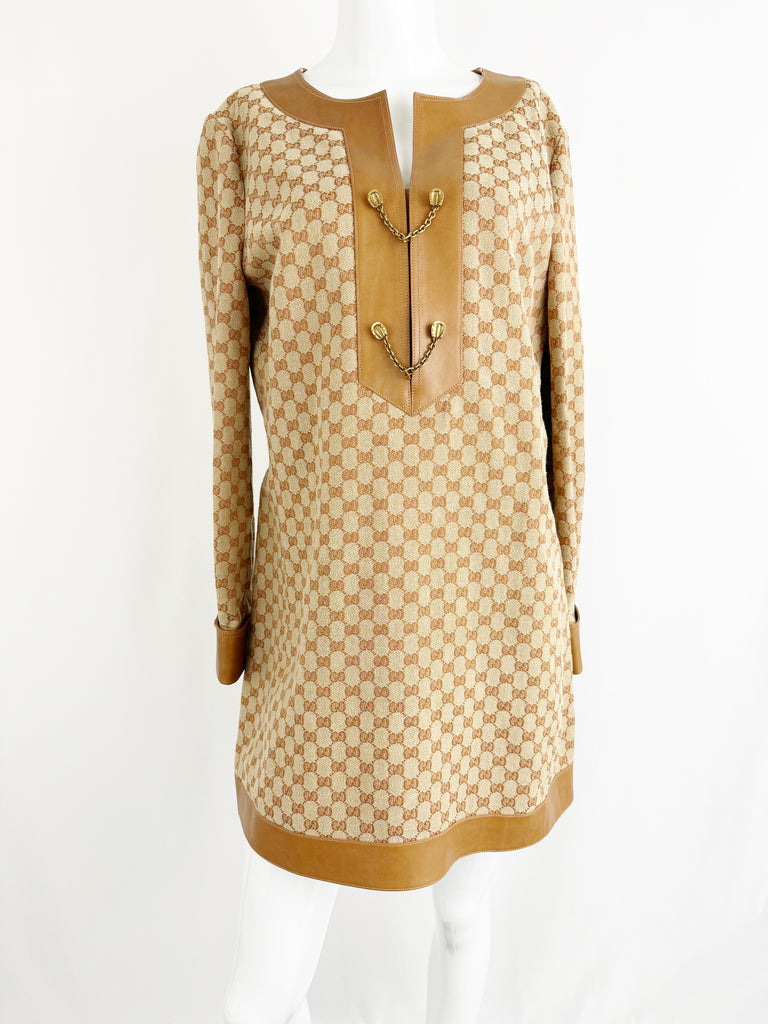Gucci Canvas Leather Trim Mini Dress Size S KMK Luxury Consignment Gucci Canvas Leather Trim Mini Dress Size S KMK Luxury Consignment