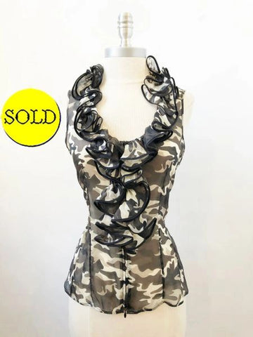 Anne Fontaine Camo Ruffle Blouse Size 38 Fr (4-6 Us)