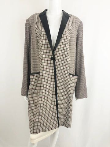 Per Se Checked Coat W/Leather Trim Size 18