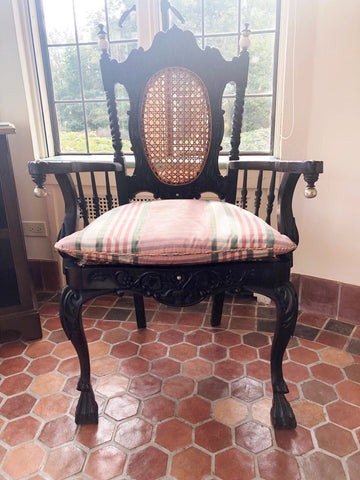 Antique Carved Wood And Rattan Armchair ( Two Available Sold Separately) Size 42H X 23L X 20D